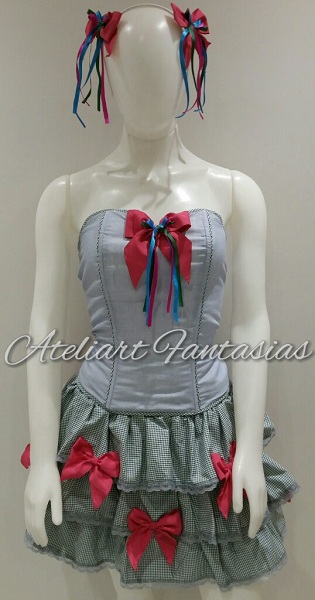 Festa Junina Corpete claro saia xadrez verde/rosa